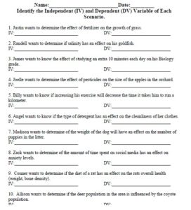 Independent and Dependent Variable Worksheet - USBiologyTeaching.com