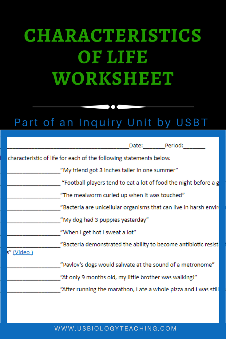 Characteristics of Life Worksheet - USBiologyTeaching.com Inside Characteristics Of Life Worksheet